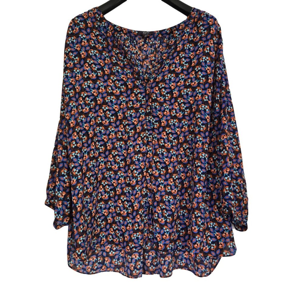 NYDJ Bright Multi-Coloured Floral V Neck 3/4 Sleeve Blouse 2X